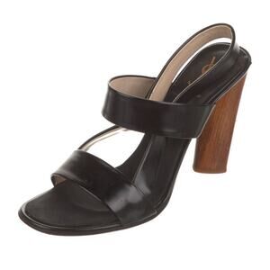 Authentic Yves Saint Laurent Black Leather Open Toe Shoe Block Wood Heel EU 40.5